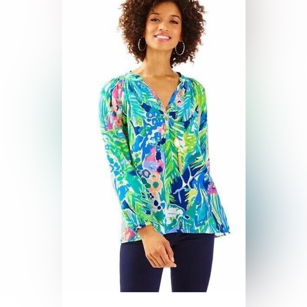 Lilly Pulitzer Elsa 100% Silk Top - Blue Green Pink Tropical Print